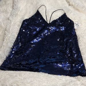 Haute Rogue Navy Blue Maurie Sequin Top L NWT